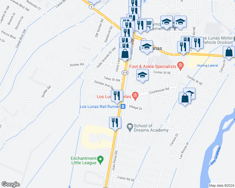 map of restaurants, bars, coffee shops, grocery stores, and more near 220 Garden Avenue Southwest in Los Lunas