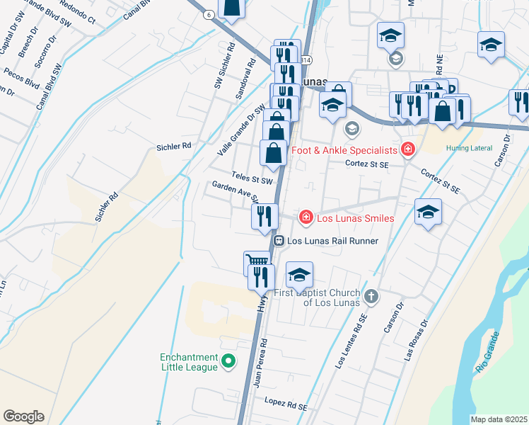 map of restaurants, bars, coffee shops, grocery stores, and more near 220 Garden Avenue Southwest in Los Lunas