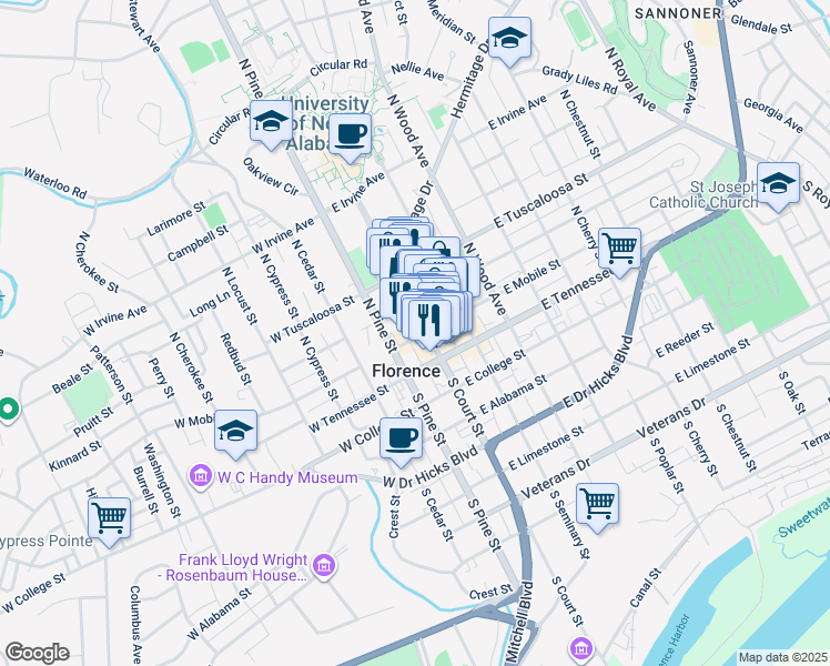 map of restaurants, bars, coffee shops, grocery stores, and more near 212A North Court Street in Florence