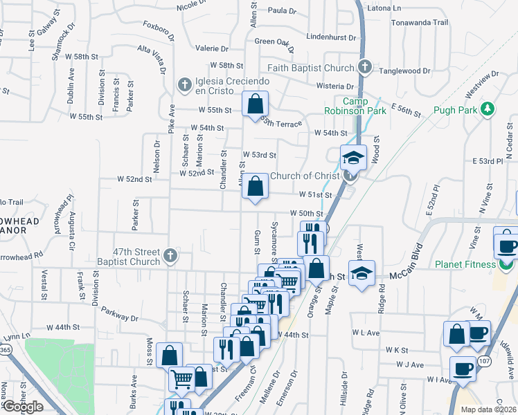 map of restaurants, bars, coffee shops, grocery stores, and more near 508 West 51st Street in North Little Rock
