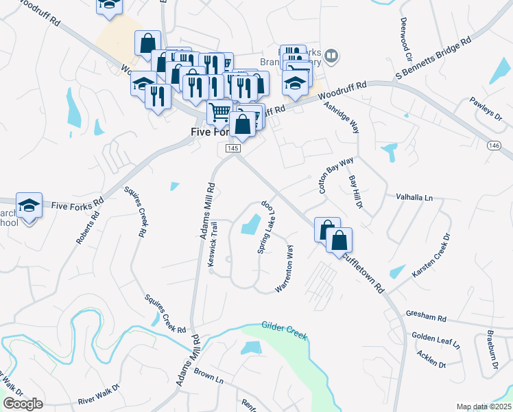 map of restaurants, bars, coffee shops, grocery stores, and more near 105 Spring Lake Loop in Simpsonville