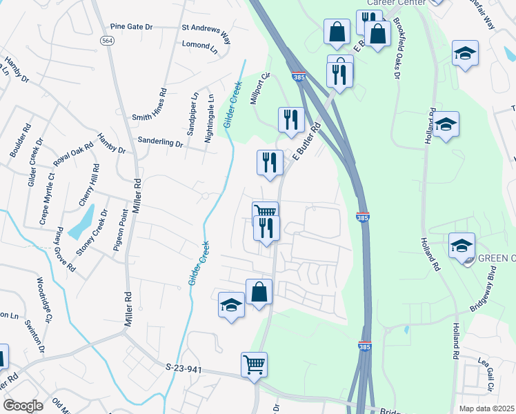 map of restaurants, bars, coffee shops, grocery stores, and more near 204 Greenbush Court in Mauldin