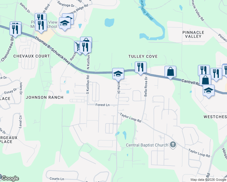 map of restaurants, bars, coffee shops, grocery stores, and more near 16601 La Marche Drive in Little Rock
