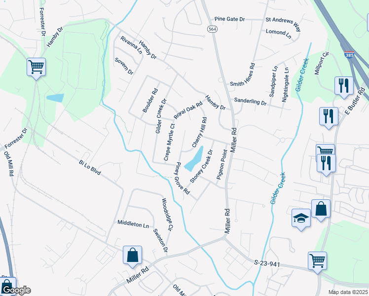 map of restaurants, bars, coffee shops, grocery stores, and more near 408 Piney Grove Road in Greenville