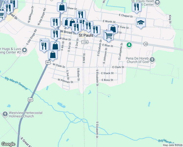 map of restaurants, bars, coffee shops, grocery stores, and more near South Burlington Street in Saint Pauls