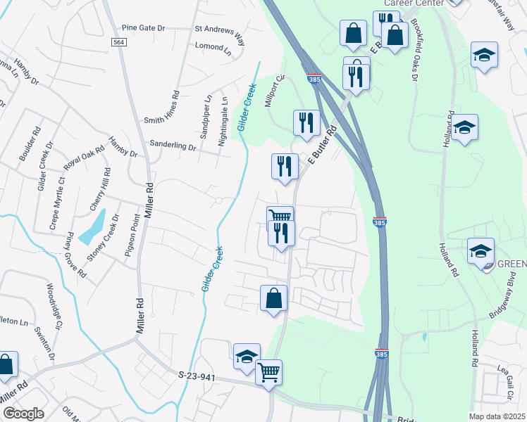 map of restaurants, bars, coffee shops, grocery stores, and more near 213 Greenbush Court in Mauldin