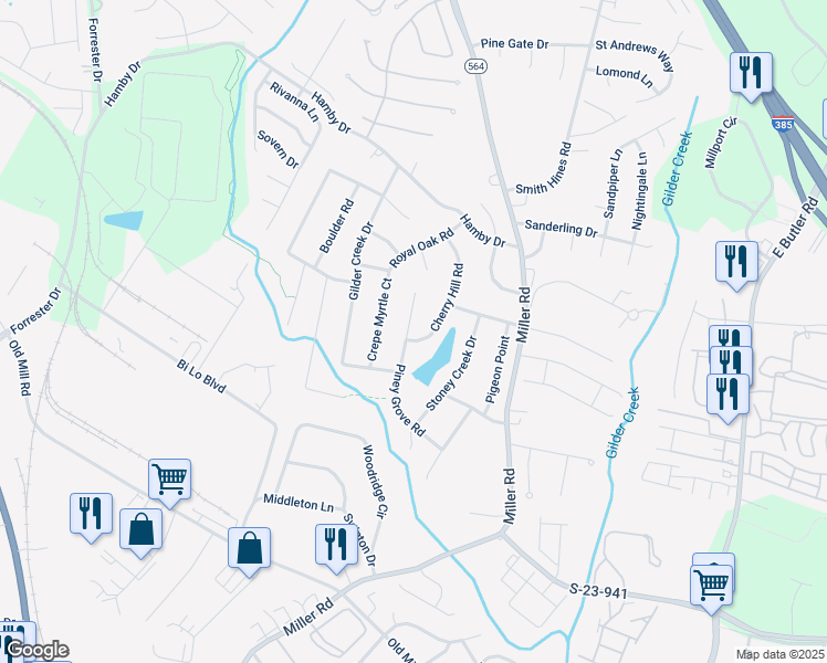 map of restaurants, bars, coffee shops, grocery stores, and more near 408 Piney Grove Road in Greenville