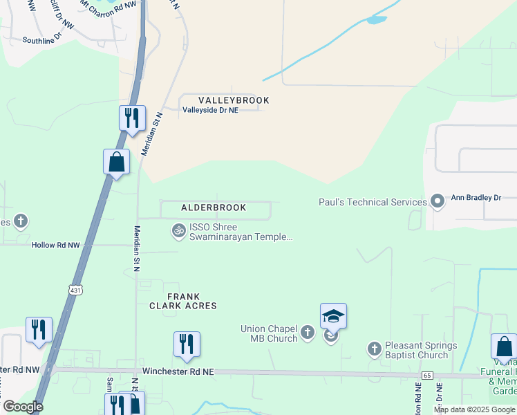 map of restaurants, bars, coffee shops, grocery stores, and more near 221 Dormont Drive Northeast in Huntsville