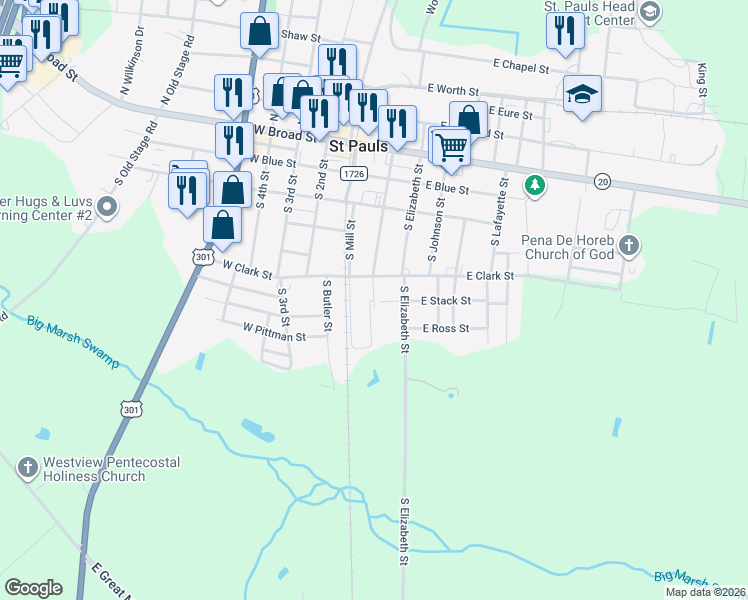 map of restaurants, bars, coffee shops, grocery stores, and more near South Burlington Street in Saint Pauls