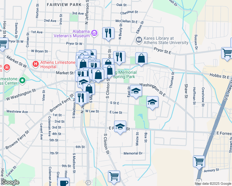 map of restaurants, bars, coffee shops, grocery stores, and more near East Green Street in Athens