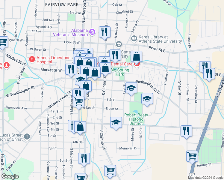 map of restaurants, bars, coffee shops, grocery stores, and more near East Green Street in Athens