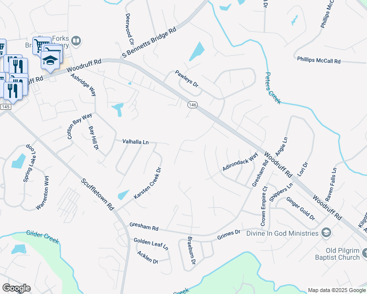 map of restaurants, bars, coffee shops, grocery stores, and more near 311 Valhalla Lane in Simpsonville