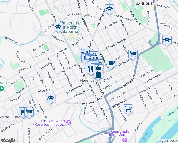 map of restaurants, bars, coffee shops, grocery stores, and more near 212A North Court Street in Florence