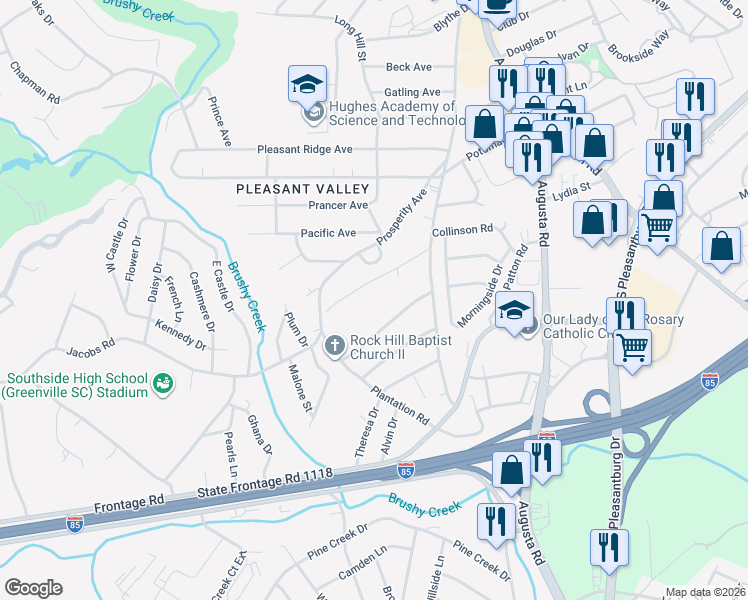 map of restaurants, bars, coffee shops, grocery stores, and more near 100 Shemwood Lane in Greenville