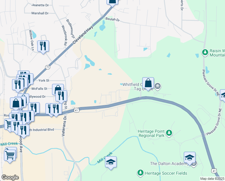 map of restaurants, bars, coffee shops, grocery stores, and more near 902 Sandy Dunes in Dalton