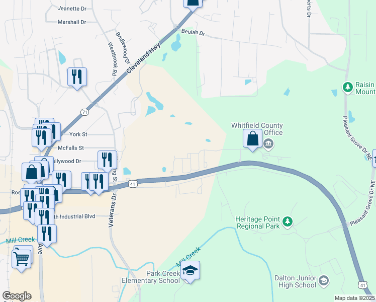 map of restaurants, bars, coffee shops, grocery stores, and more near 902 Sandy Dunes in Dalton