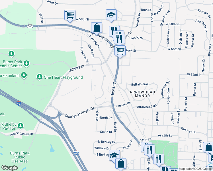 map of restaurants, bars, coffee shops, grocery stores, and more near 426 Sierra Madre Drive in North Little Rock