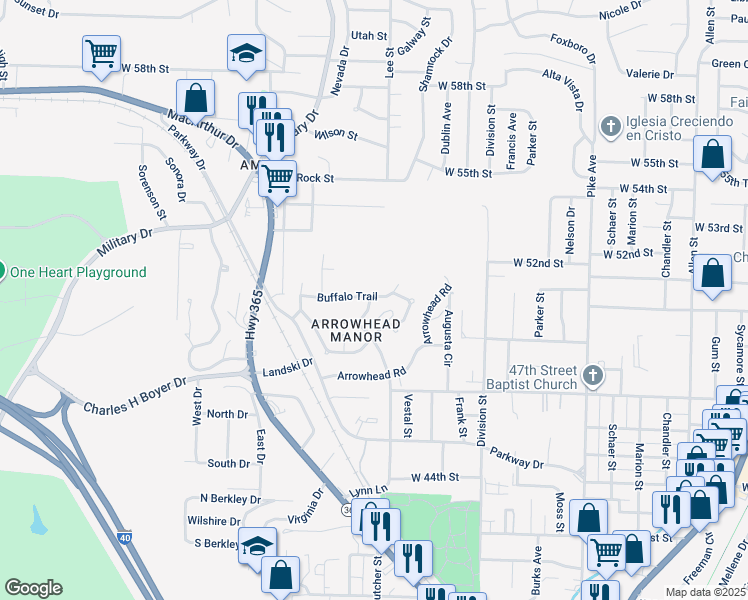 map of restaurants, bars, coffee shops, grocery stores, and more near 5018 Tonka Trail in North Little Rock