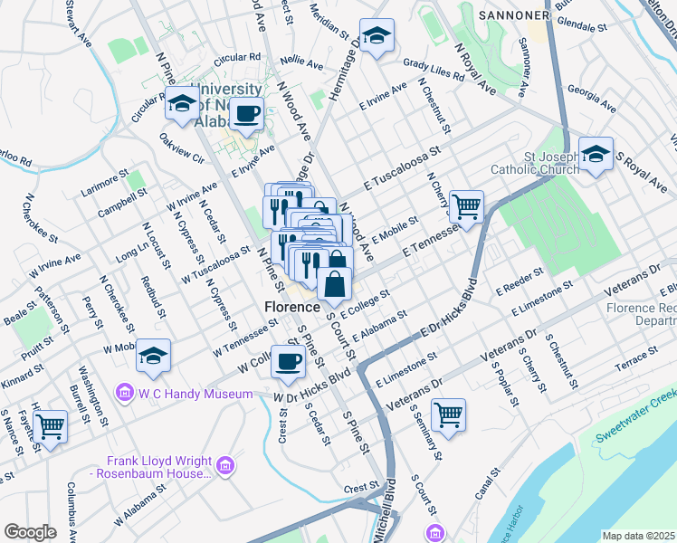 map of restaurants, bars, coffee shops, grocery stores, and more near 113 North Seminary Street in Florence