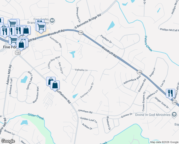 map of restaurants, bars, coffee shops, grocery stores, and more near 301 Valhalla Lane in Simpsonville