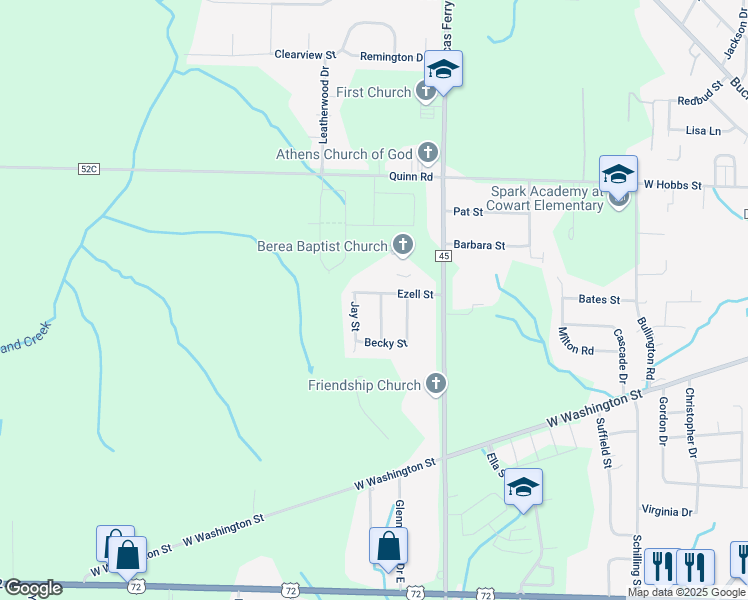 map of restaurants, bars, coffee shops, grocery stores, and more near 17795 Ezell Street in Athens