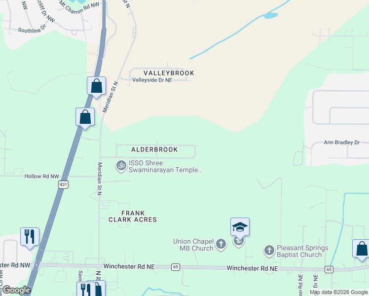 map of restaurants, bars, coffee shops, grocery stores, and more near 221 Dormont Drive Northeast in Huntsville