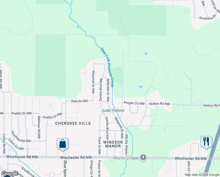 map of restaurants, bars, coffee shops, grocery stores, and more near 6216 Belgrade Drive Northwest in Huntsville