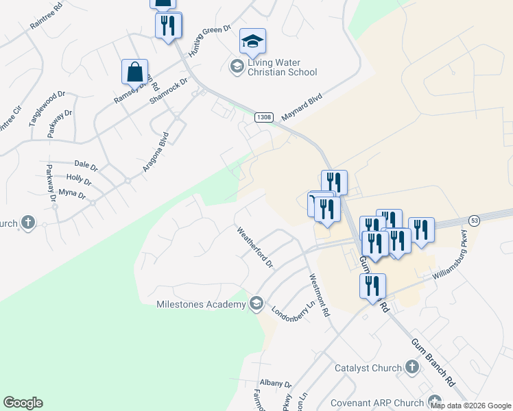 map of restaurants, bars, coffee shops, grocery stores, and more near Weatherford Dr in Jacksonville