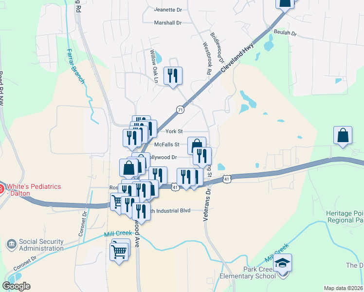 map of restaurants, bars, coffee shops, grocery stores, and more near 152 McFalls Street in Dalton