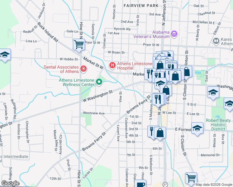 map of restaurants, bars, coffee shops, grocery stores, and more near 714 West Washington Street in Athens