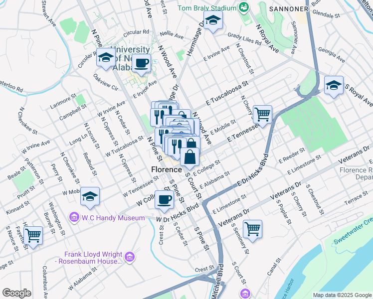 map of restaurants, bars, coffee shops, grocery stores, and more near 113 North Seminary Street in Florence