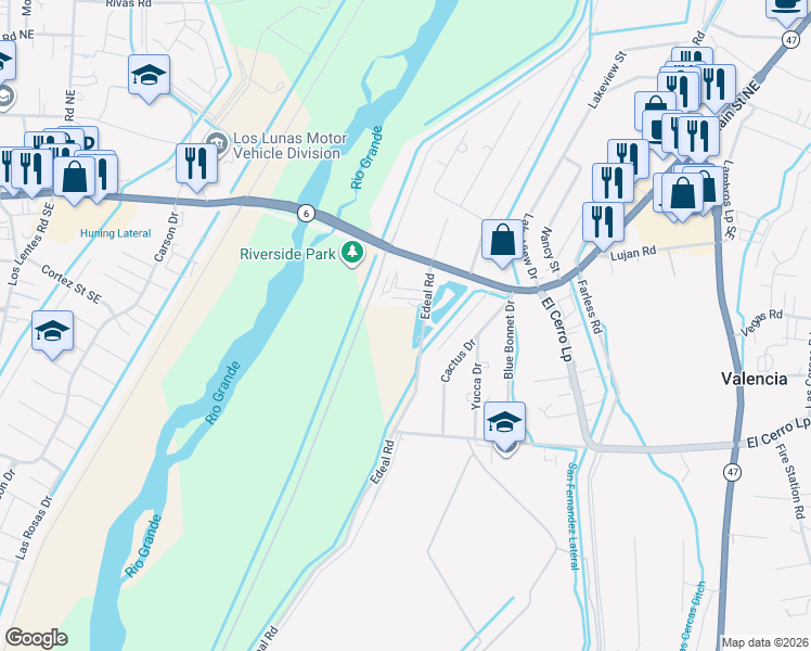 map of restaurants, bars, coffee shops, grocery stores, and more near 14 Edeal Road in Los Lunas