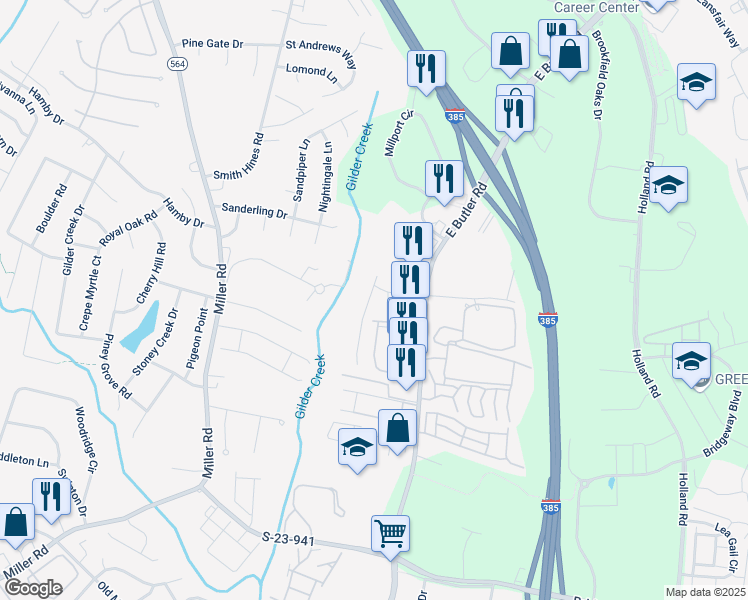 map of restaurants, bars, coffee shops, grocery stores, and more near 409 Woodbark Court in Mauldin