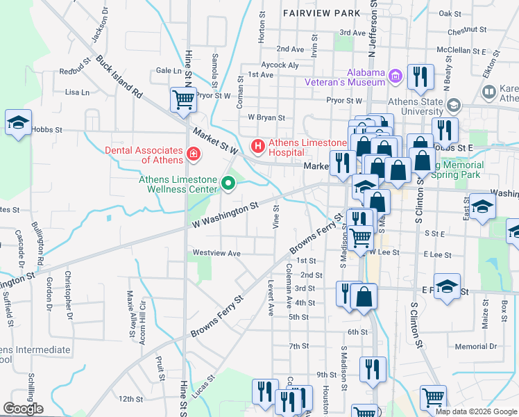 map of restaurants, bars, coffee shops, grocery stores, and more near 714 West Washington Street in Athens