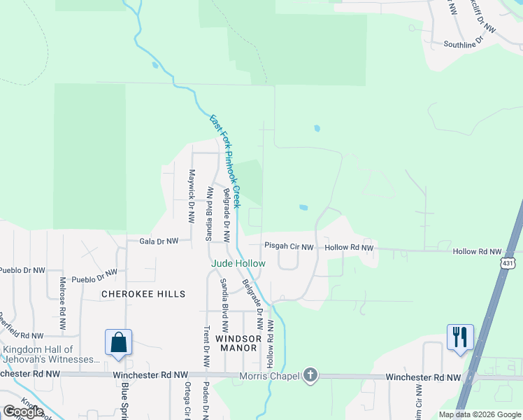 map of restaurants, bars, coffee shops, grocery stores, and more near 6218 Belgrade Drive Northwest in Huntsville