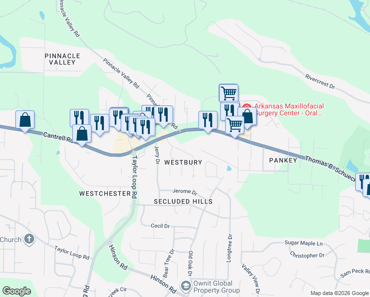 map of restaurants, bars, coffee shops, grocery stores, and more near 14322 Westbury Drive in Little Rock