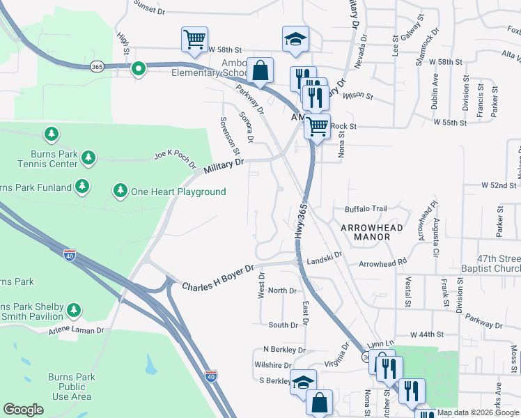 map of restaurants, bars, coffee shops, grocery stores, and more near 22 Sierra Court in North Little Rock