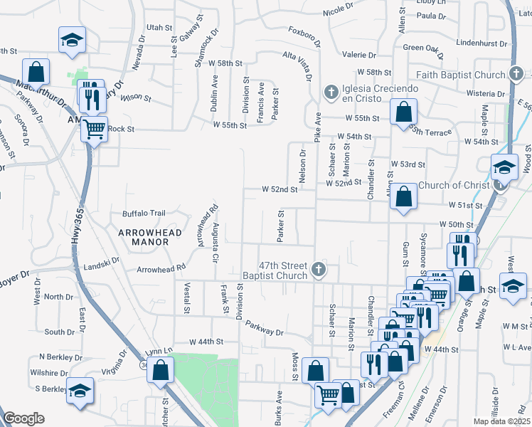 map of restaurants, bars, coffee shops, grocery stores, and more near 4924 Francis Street in North Little Rock