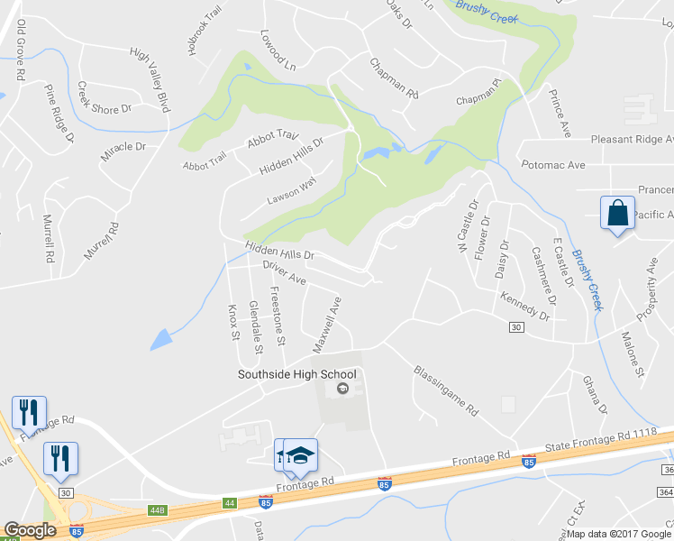 map of restaurants, bars, coffee shops, grocery stores, and more near 211 Hidden Hills Drive in Greenville