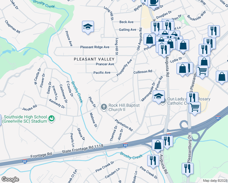 map of restaurants, bars, coffee shops, grocery stores, and more near 25 Shemwood Lane in Greenville