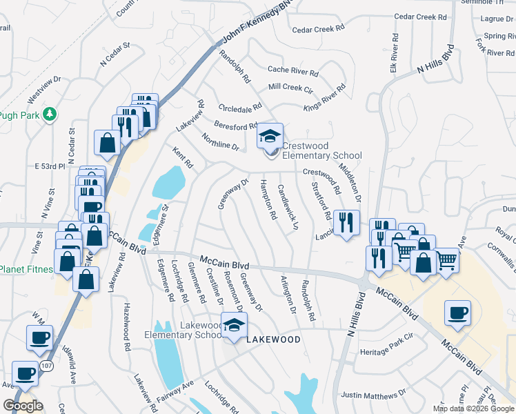 map of restaurants, bars, coffee shops, grocery stores, and more near 5021 Arlington Drive in North Little Rock