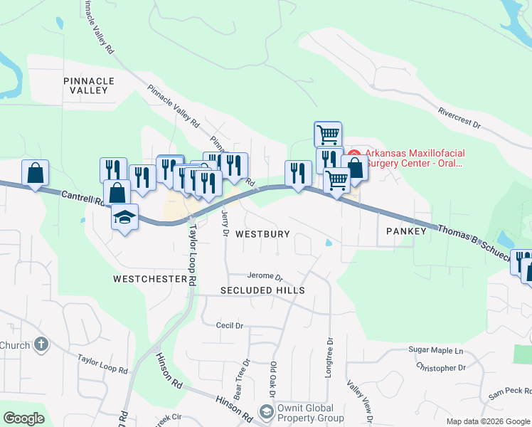 map of restaurants, bars, coffee shops, grocery stores, and more near 14322 Westbury Drive in Little Rock