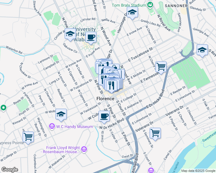 map of restaurants, bars, coffee shops, grocery stores, and more near 205 North Court Street in Florence
