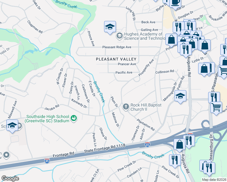 map of restaurants, bars, coffee shops, grocery stores, and more near 106 Prosperity Avenue in Greenville