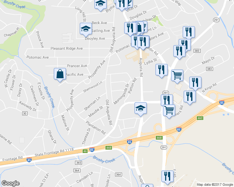 map of restaurants, bars, coffee shops, grocery stores, and more near 7 Valley View Drive in Greenville