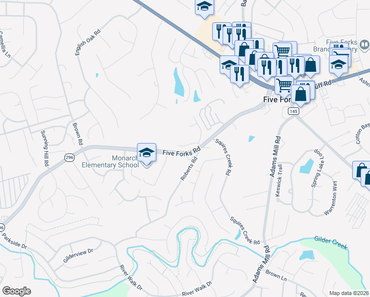 map of restaurants, bars, coffee shops, grocery stores, and more near 307 Cypress Hill Court in Simpsonville