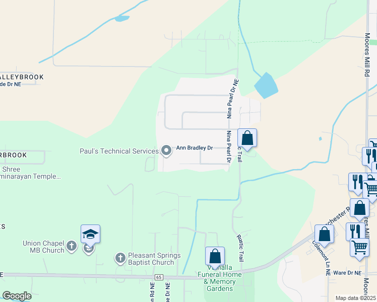 map of restaurants, bars, coffee shops, grocery stores, and more near 118 Ann Bradley Drive in Huntsville