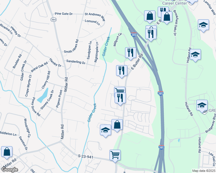 map of restaurants, bars, coffee shops, grocery stores, and more near 412 Woodbark Court in Mauldin