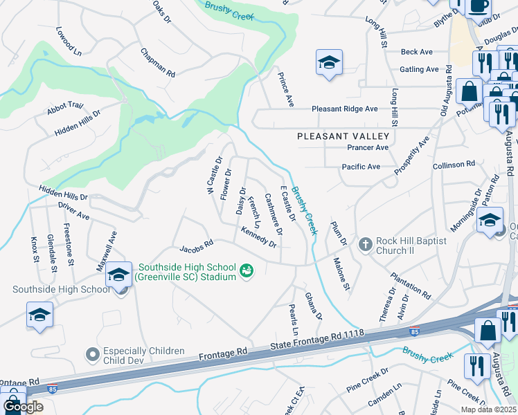 map of restaurants, bars, coffee shops, grocery stores, and more near 14 French Lane in Greenville