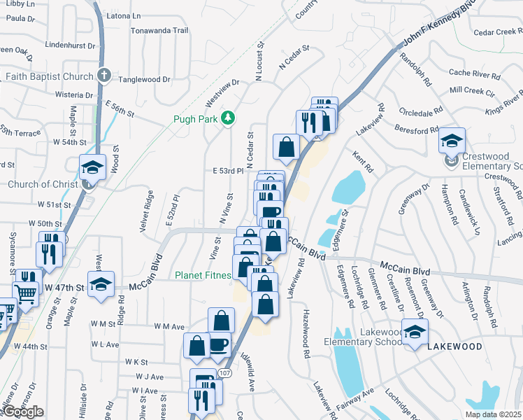 map of restaurants, bars, coffee shops, grocery stores, and more near 5005 North Walnut Road in North Little Rock
